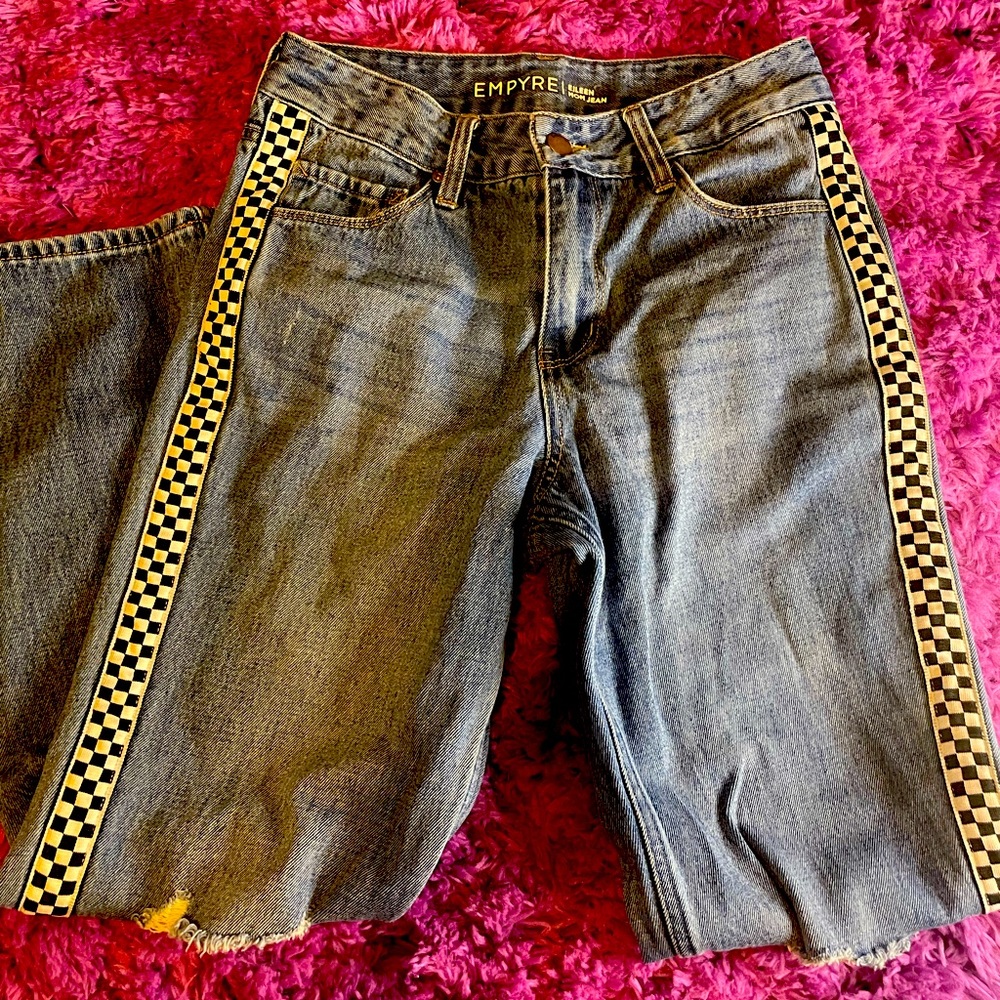 Empyre Eileen Checkerboard Striped Light Wash Mom Jeans